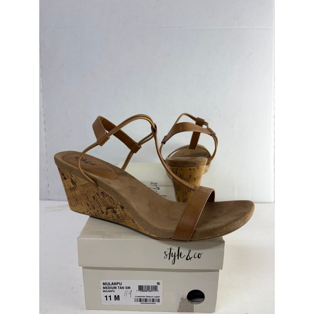 Style & Co Women's Mulan Slip On Wedge Sandals Medium Tan Ankle Strap Size 11M